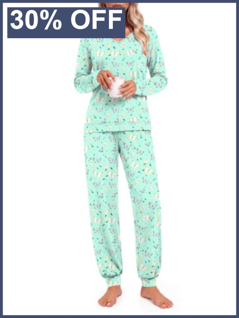 Womens 2 Piece Pajama Set Long Sleeve V-Neck Top Jogger Pants Pockets